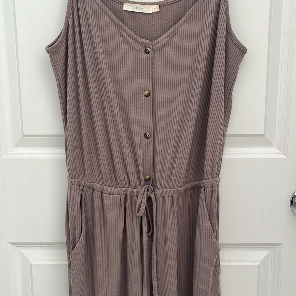 Lush, lounge jumpsuit, taupe, pockets and adjustable straps and tie waist